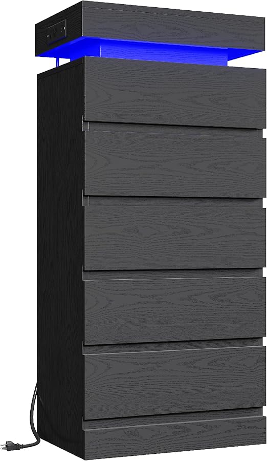 5-Drawer Tall Dresser with LED Lights and Charging Station