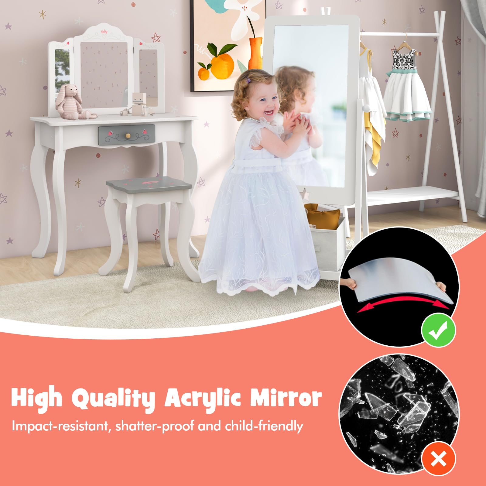 Kids Freestanding Mirror with Storage