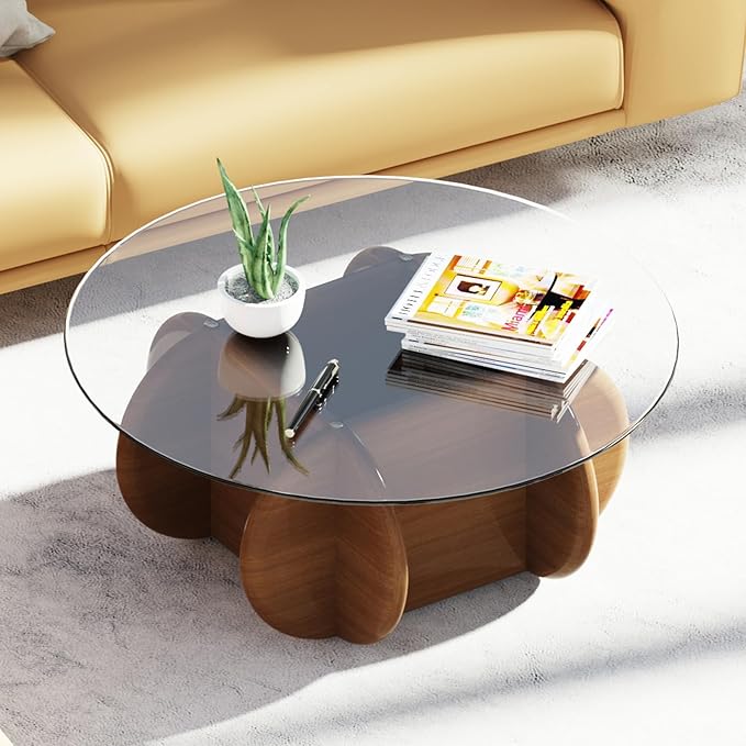 Round Glass Coffee Table with Wood Legs