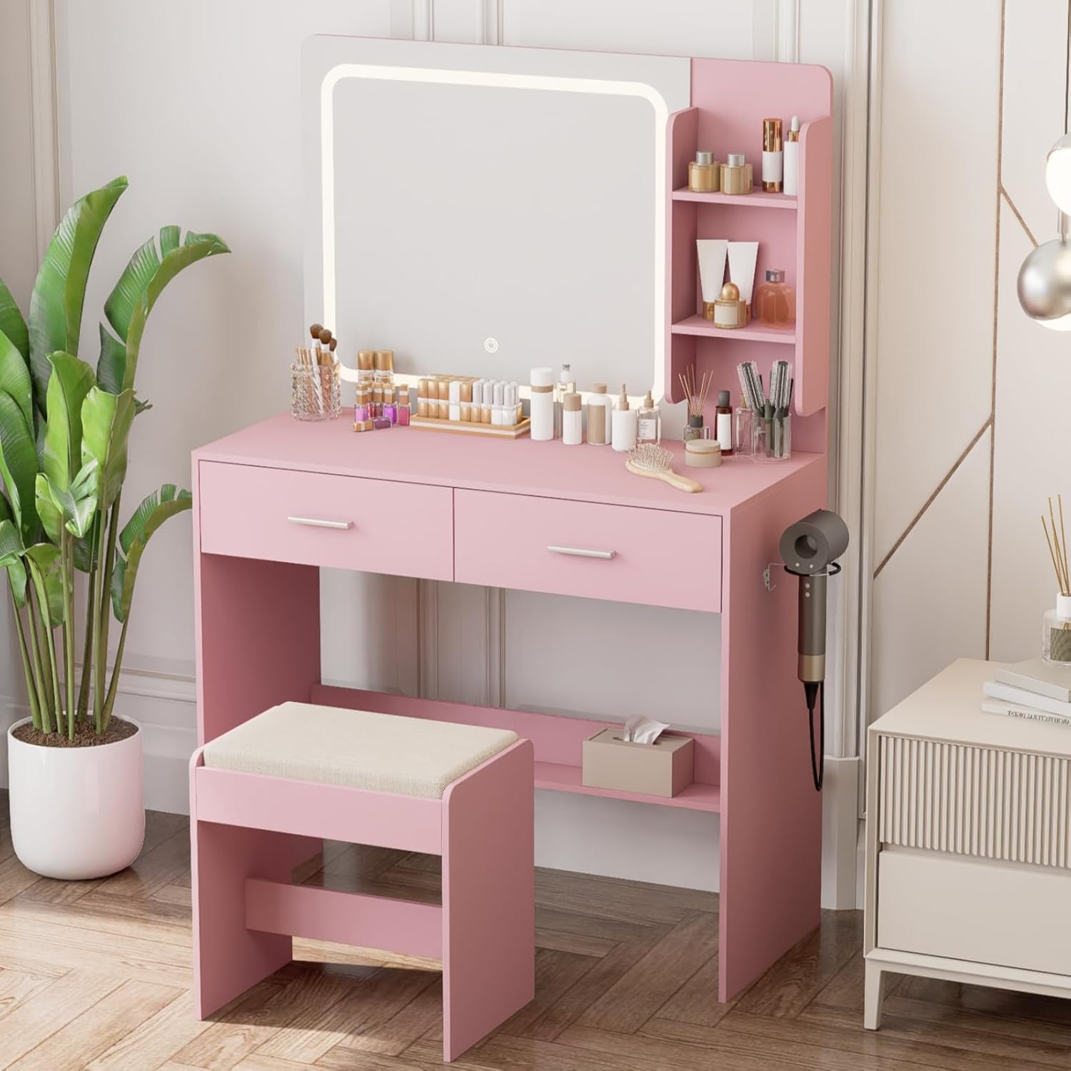 Lighted Makeup Vanity with Mirror and Storage