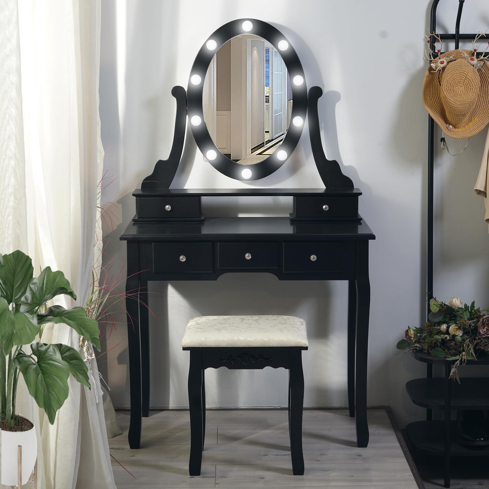 Modern Makeup Vanity with Lighted Mirror and Stool
