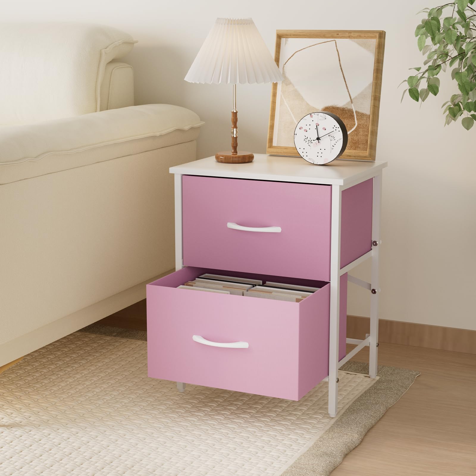 2-Drawer Pink Nightstand with Steel Frame
