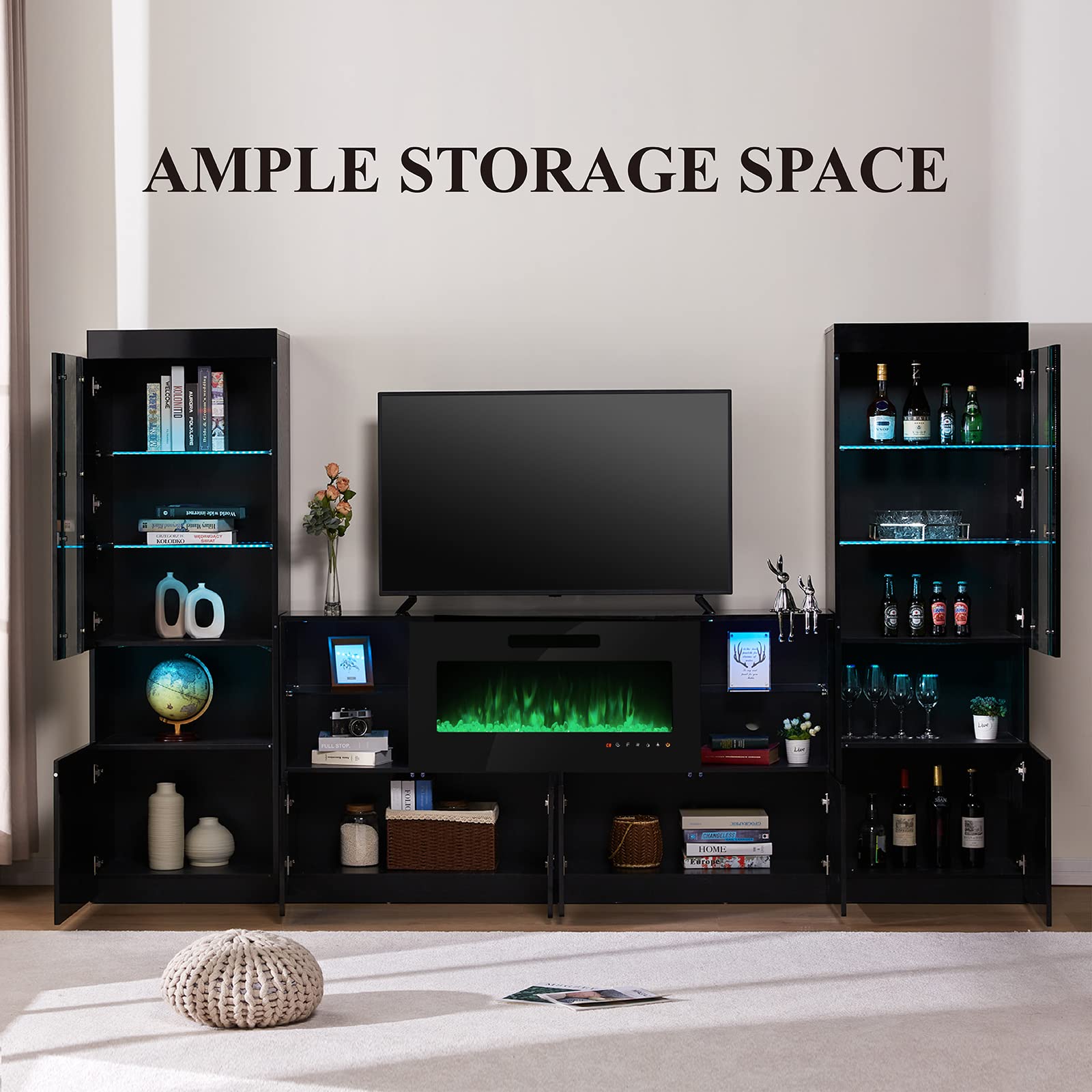 3 Piece Modern High Gloss Fireplace TV Stand & Bookcase Set
