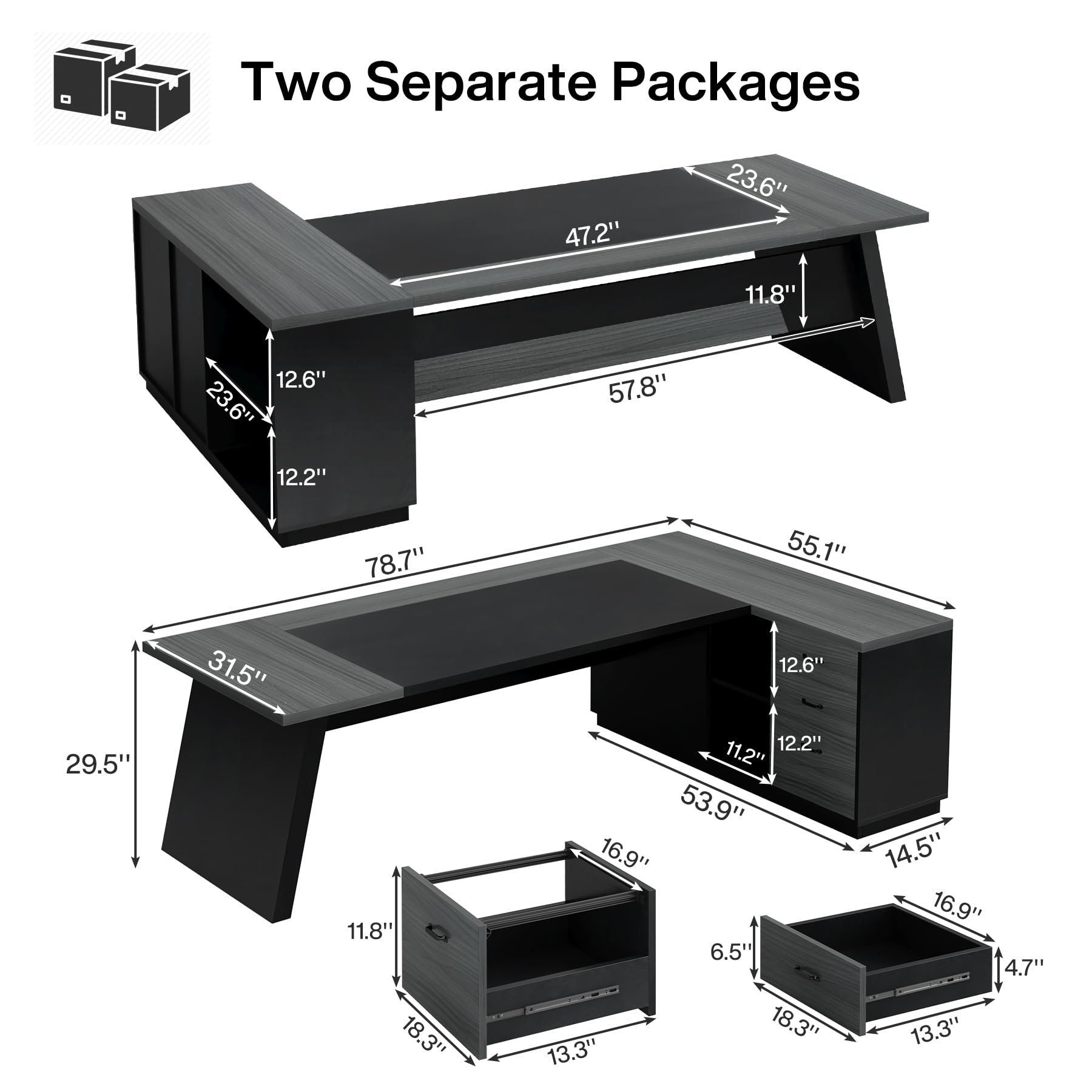 78-Inch L-Shaped Executive Desk with Drawers and File Cabinet