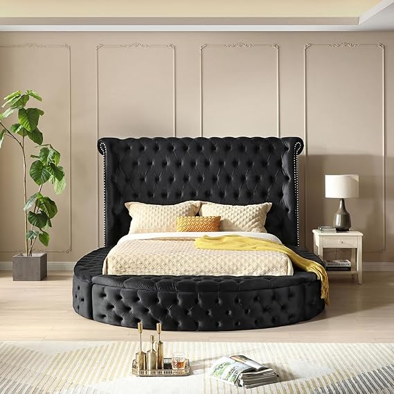 Upholstered Round Storage Bed Grey Velvet Queen