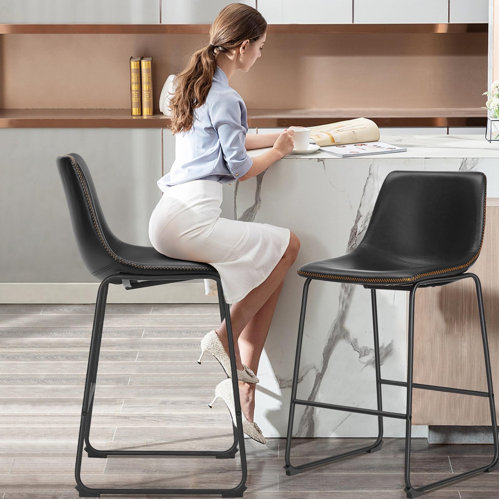 Counter Height Bar Stools Set of 2 - 30 Inch Faux Leather with Back