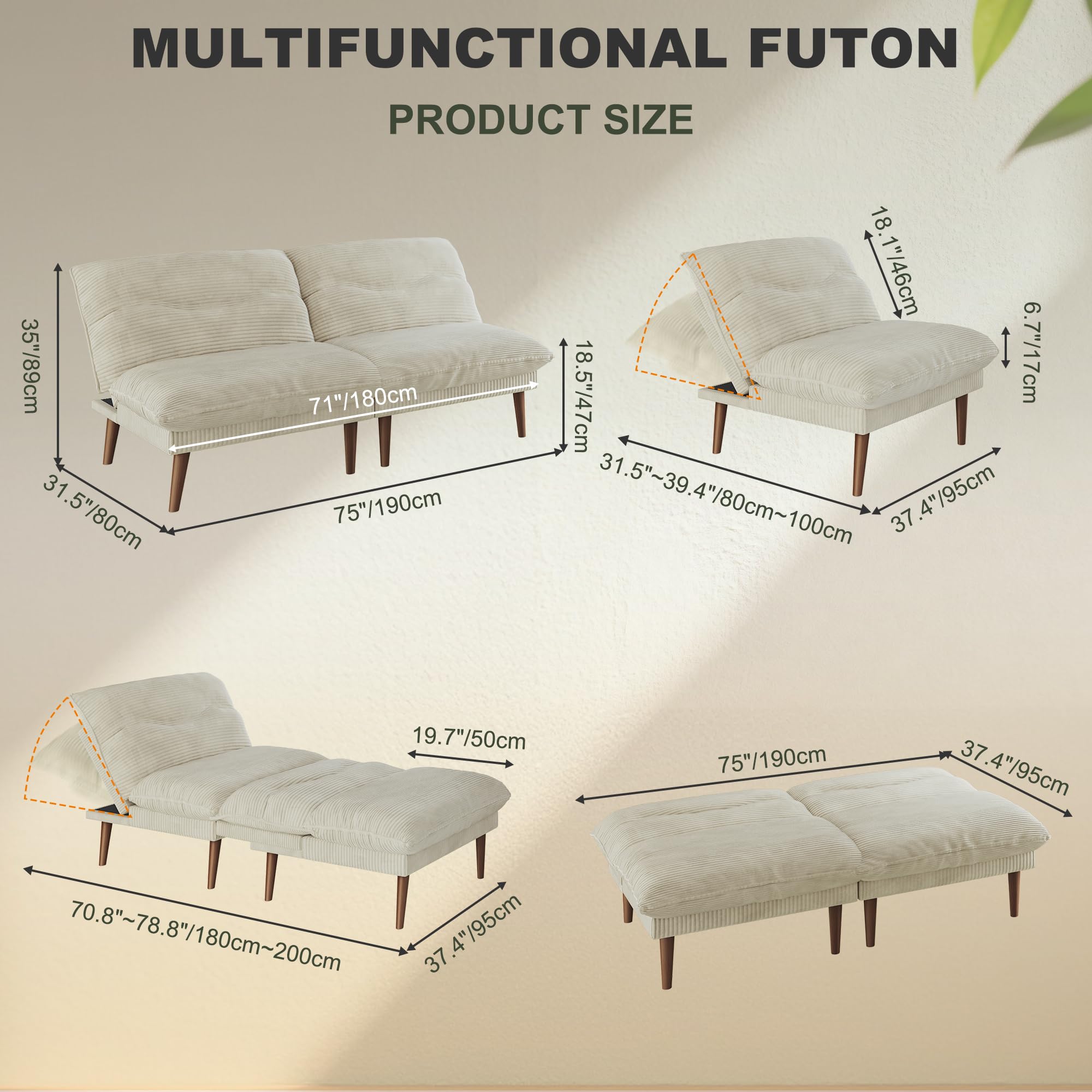 75-Inch Convertible Futon Sofa Bed with Adjustable Backrest
