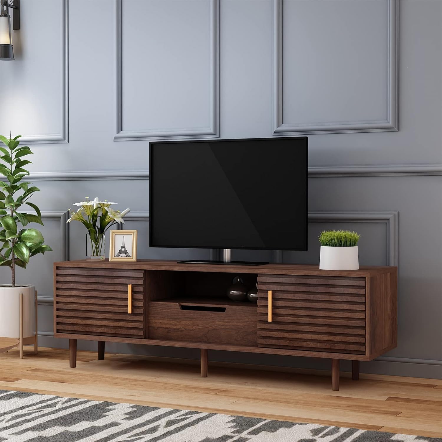 Mid-Century TV Stand 59" with Sliding Doors and Drawer
