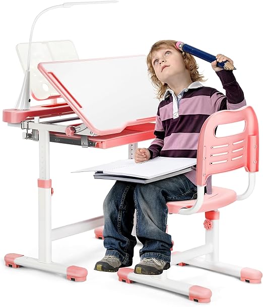 Height Adjustable Kids Desk and Chair Set with LED Light