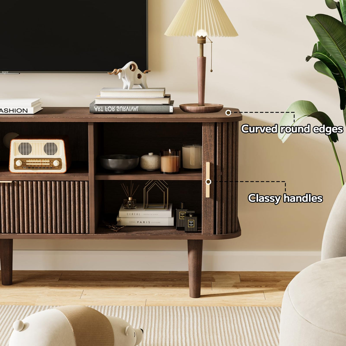 Fluted TV Stand 55 Inch Mid Century Modern Media Console
