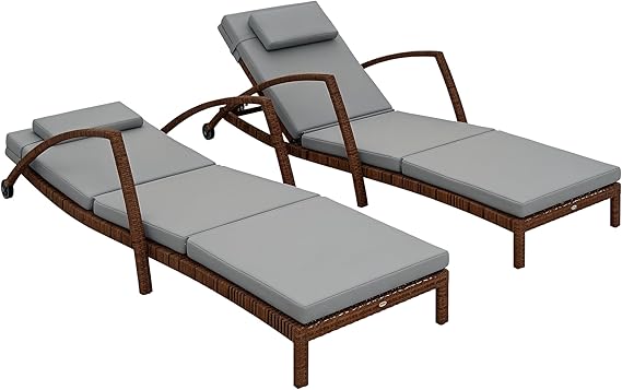 Wicker Chaise Lounge Chair Set of 2 - 5-Position Adjustable Reclining with Wheels