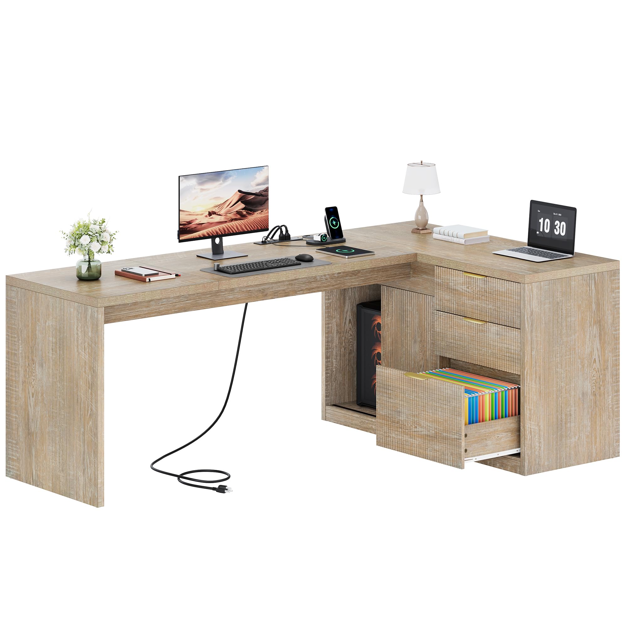 L-Shaped Office Desk with Drawers and Power Outlets