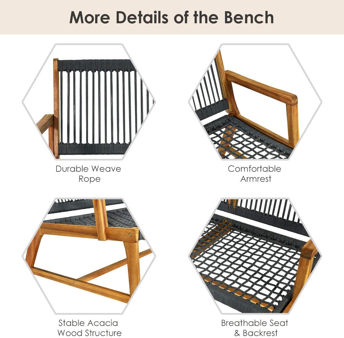2 Person Acacia Wood Patio Bench Loveseat with Rope Design