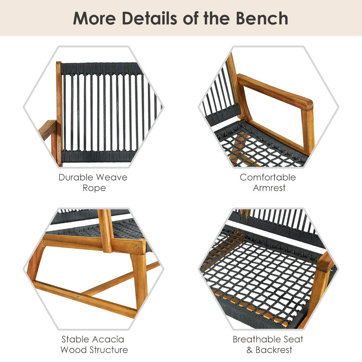 2 Person Acacia Wood Patio Bench Loveseat with Rope Design