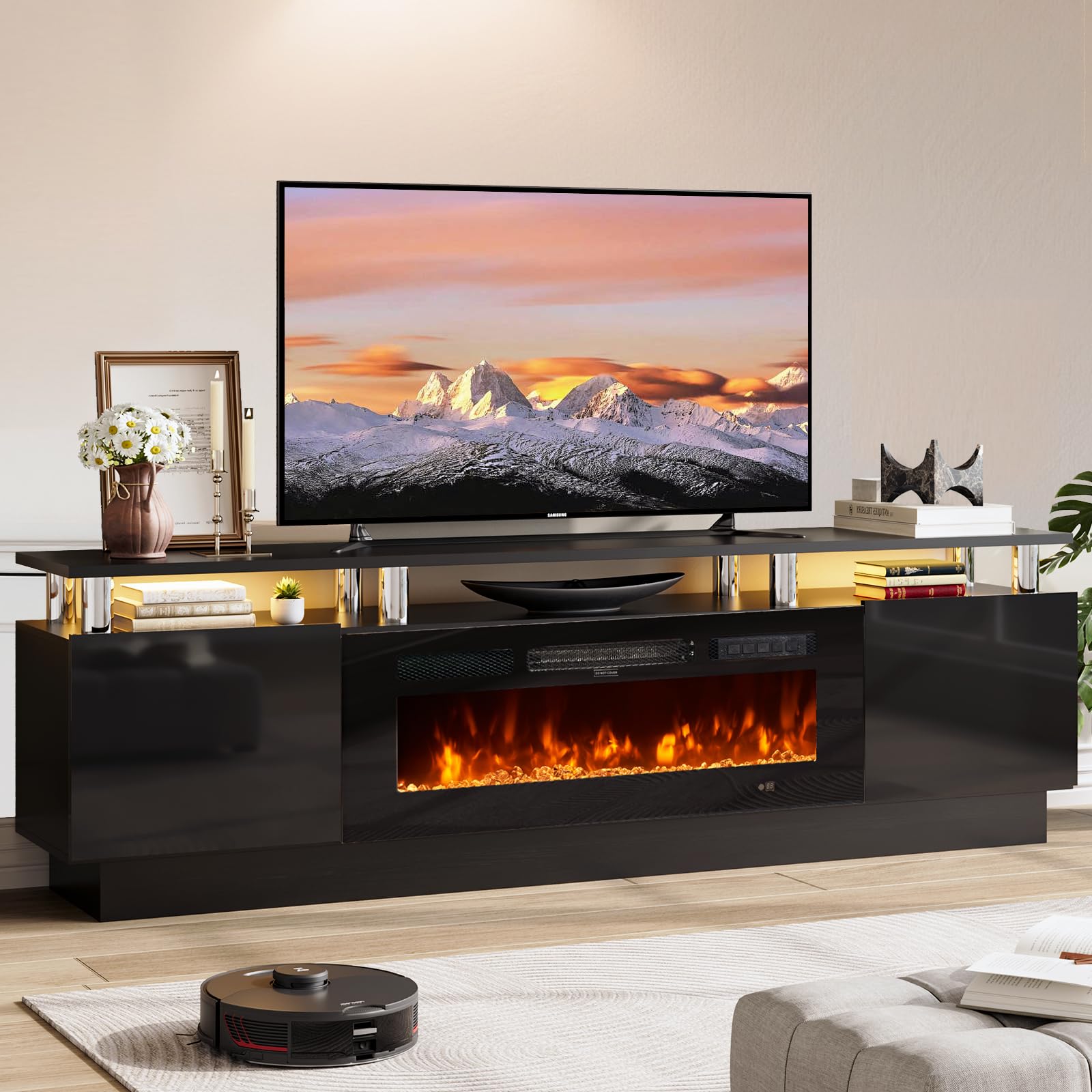 70" TV Stand with Electric Fireplace and Storage Cabinet