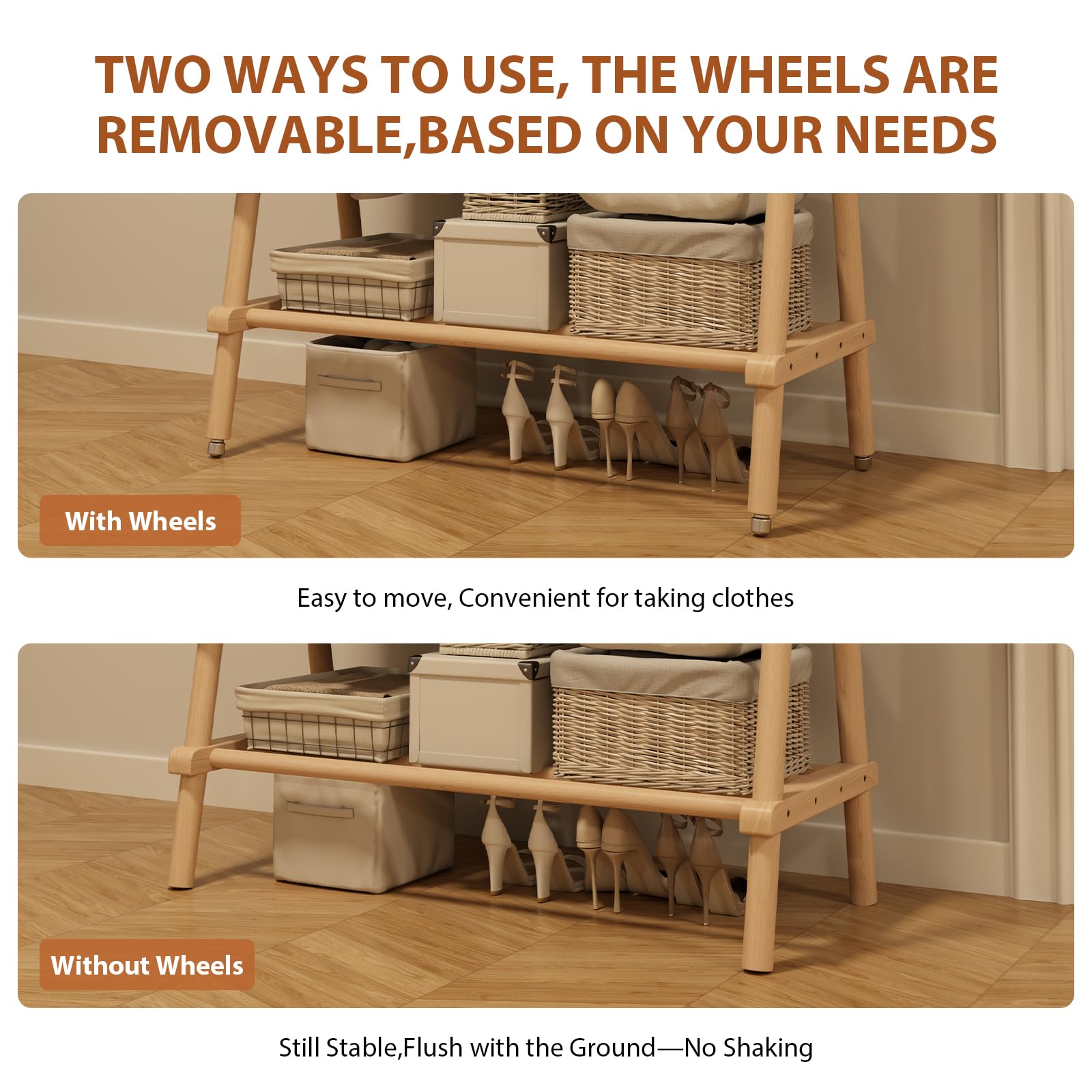 Solid Wood Rolling Clothing Rack with Shelves