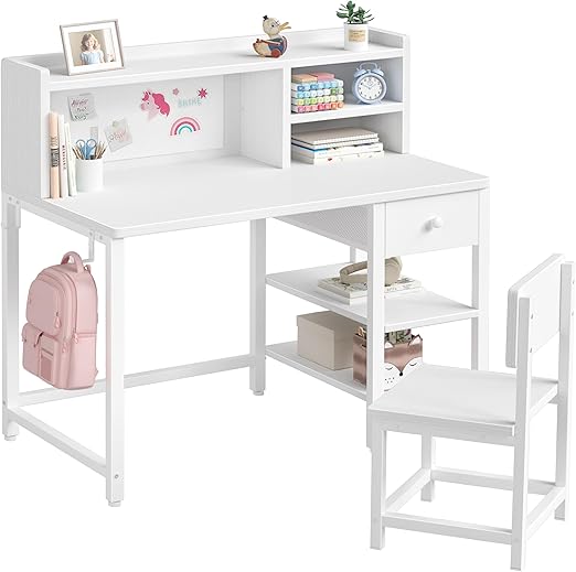 Kids Desk and Chair Set with Hutch and Storage Shelf