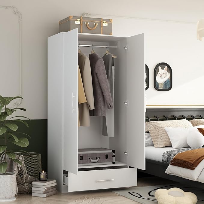2-Door Wardrobe Armoire with Mirror and Drawers