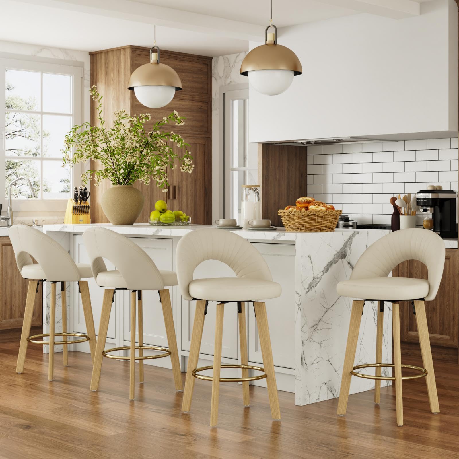 Swivel Counter Height Bar Stools Set of 2 - Beige Faux Leather with Bentwood Legs