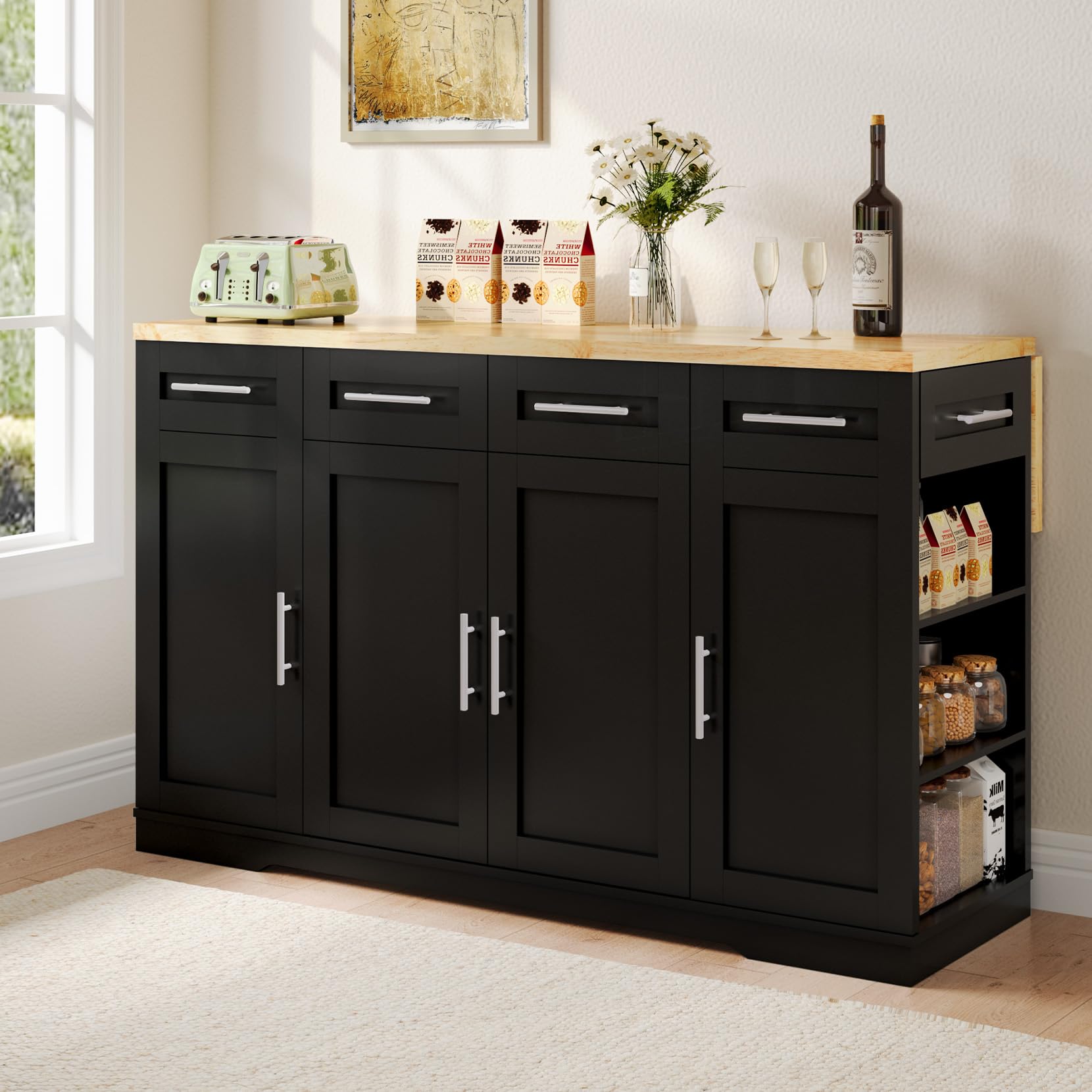 53'' Rolling Kitchen Island with Power Outlet and Drop Leaf