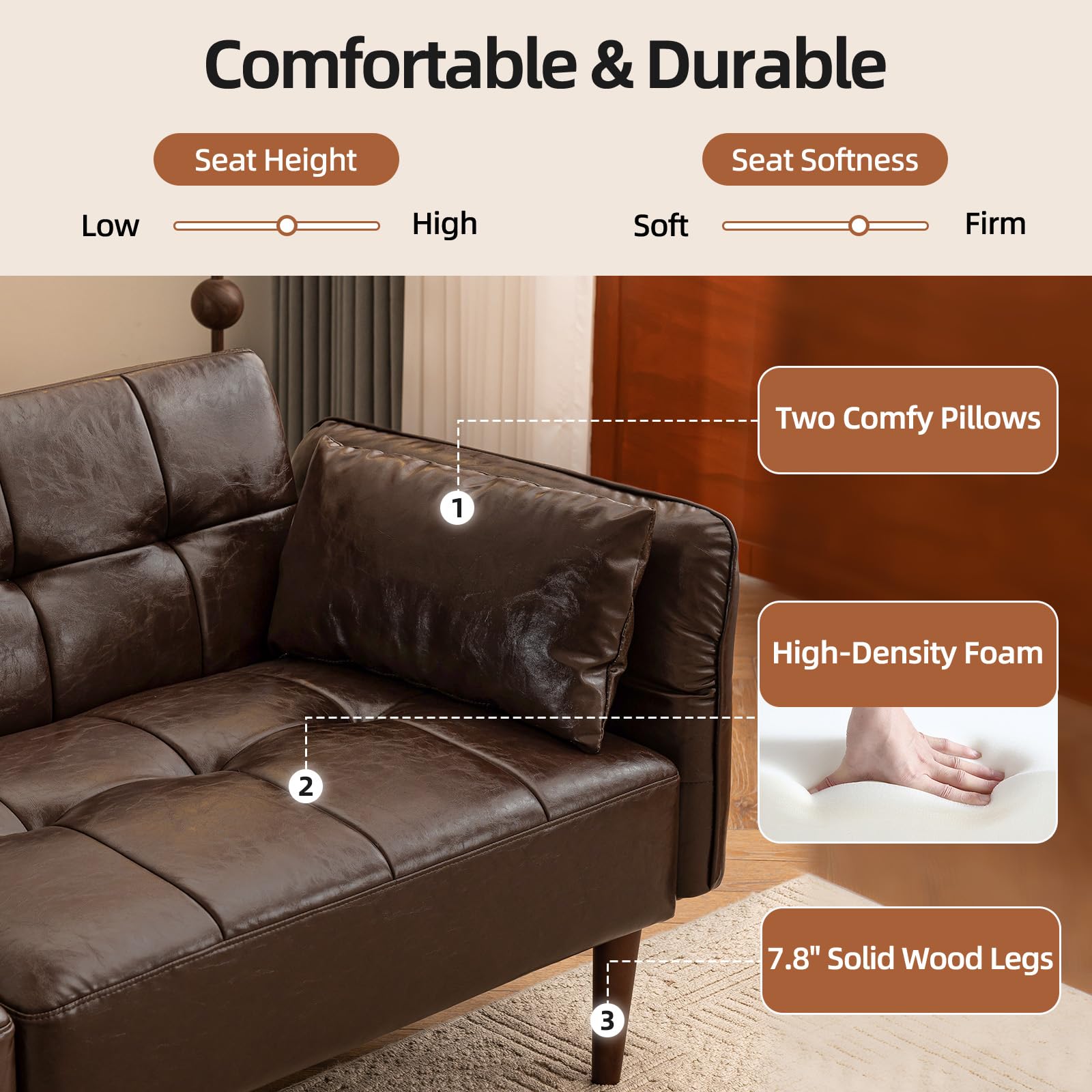 85" Futon Sofa Bed with Storage and Adjustable Armrests