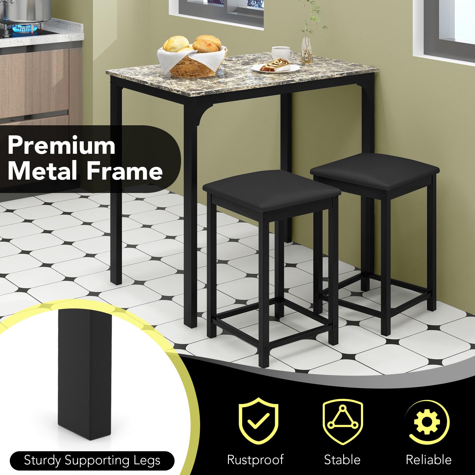 3-Piece Counter Height Bar Table Set with Padded Stools