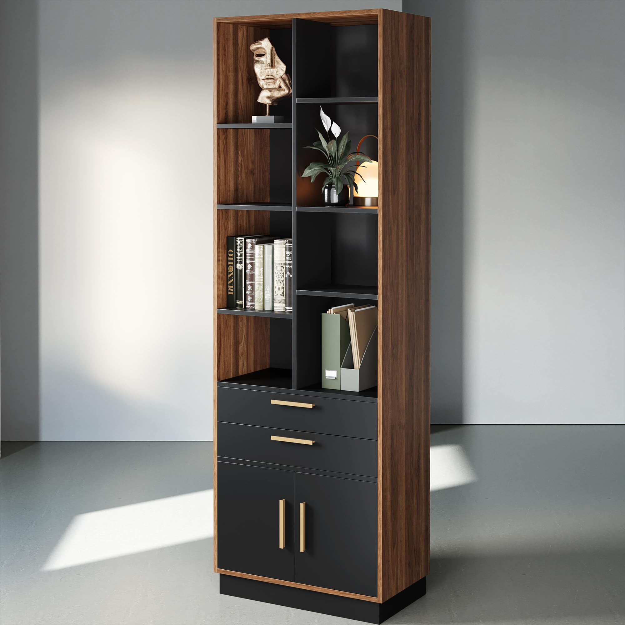 Wood Bookcase with Drawers and Doors 73.3" Tall