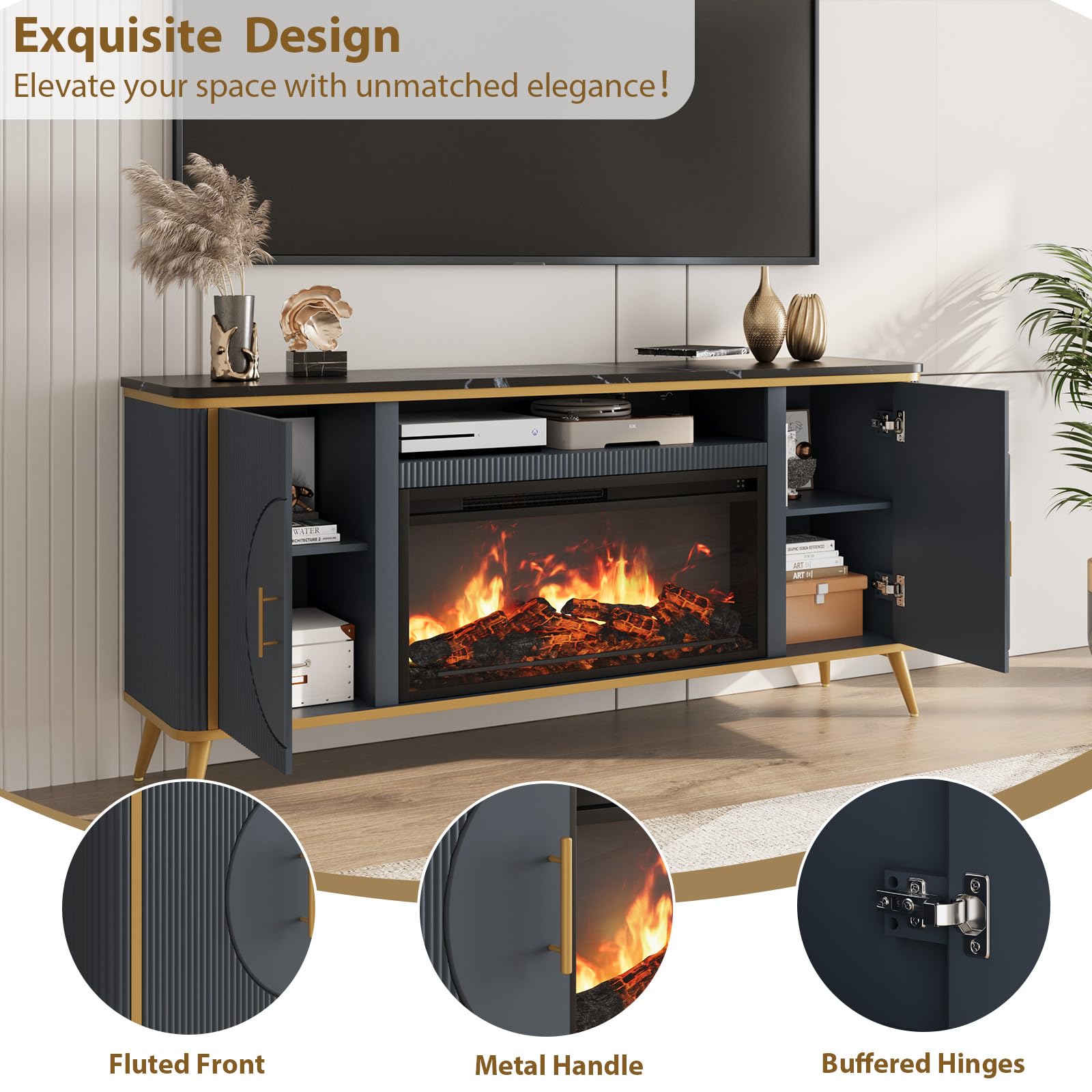 80" Fluted Fireplace TV Stand with 30" Electric Fireplace - Navy Blue