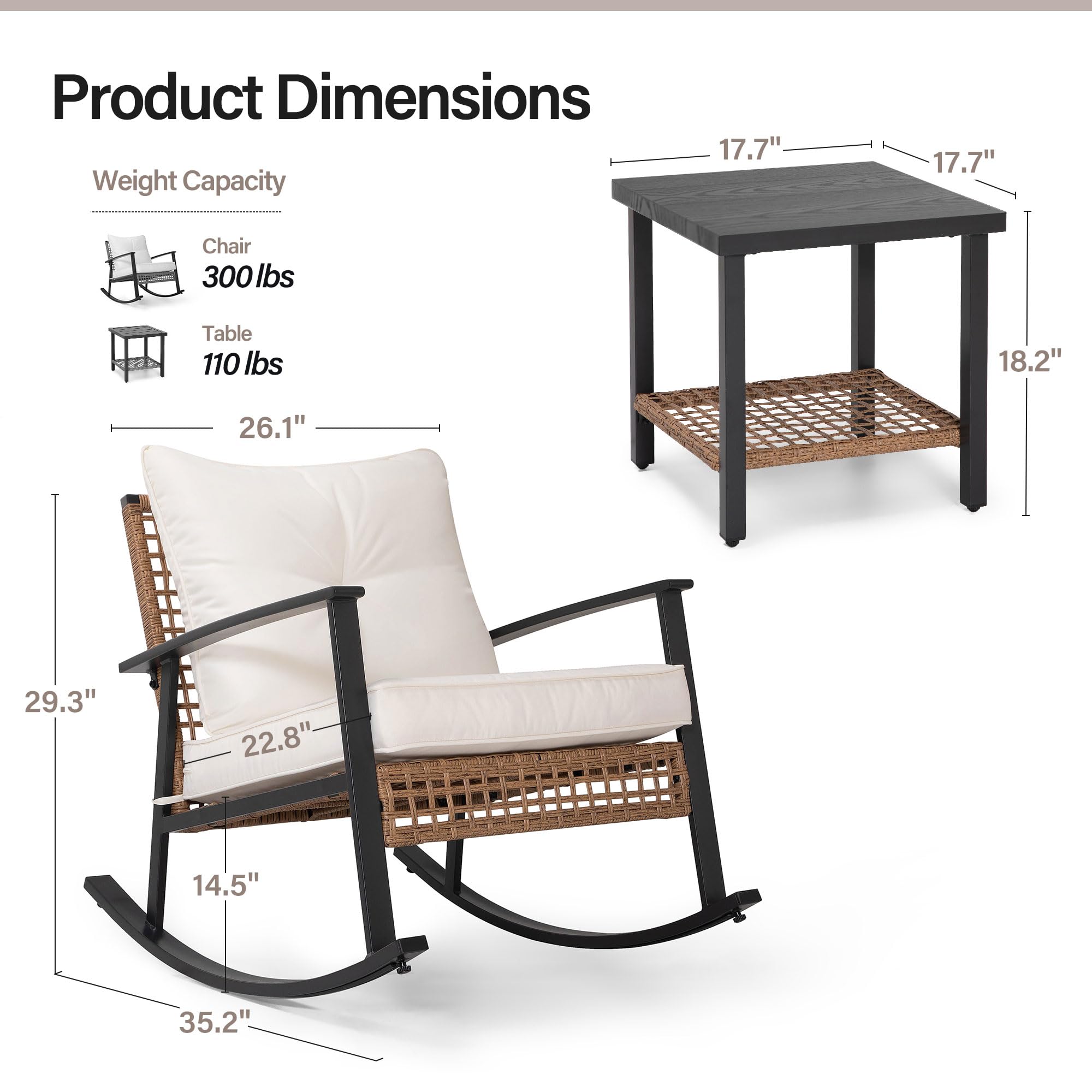 3-Piece Rocking Bistro Set with Cushions and Coffee Table
