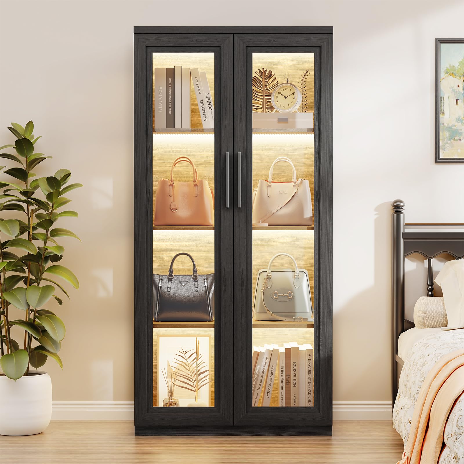 Curio Cabinet with Glass Doors and LED Lights