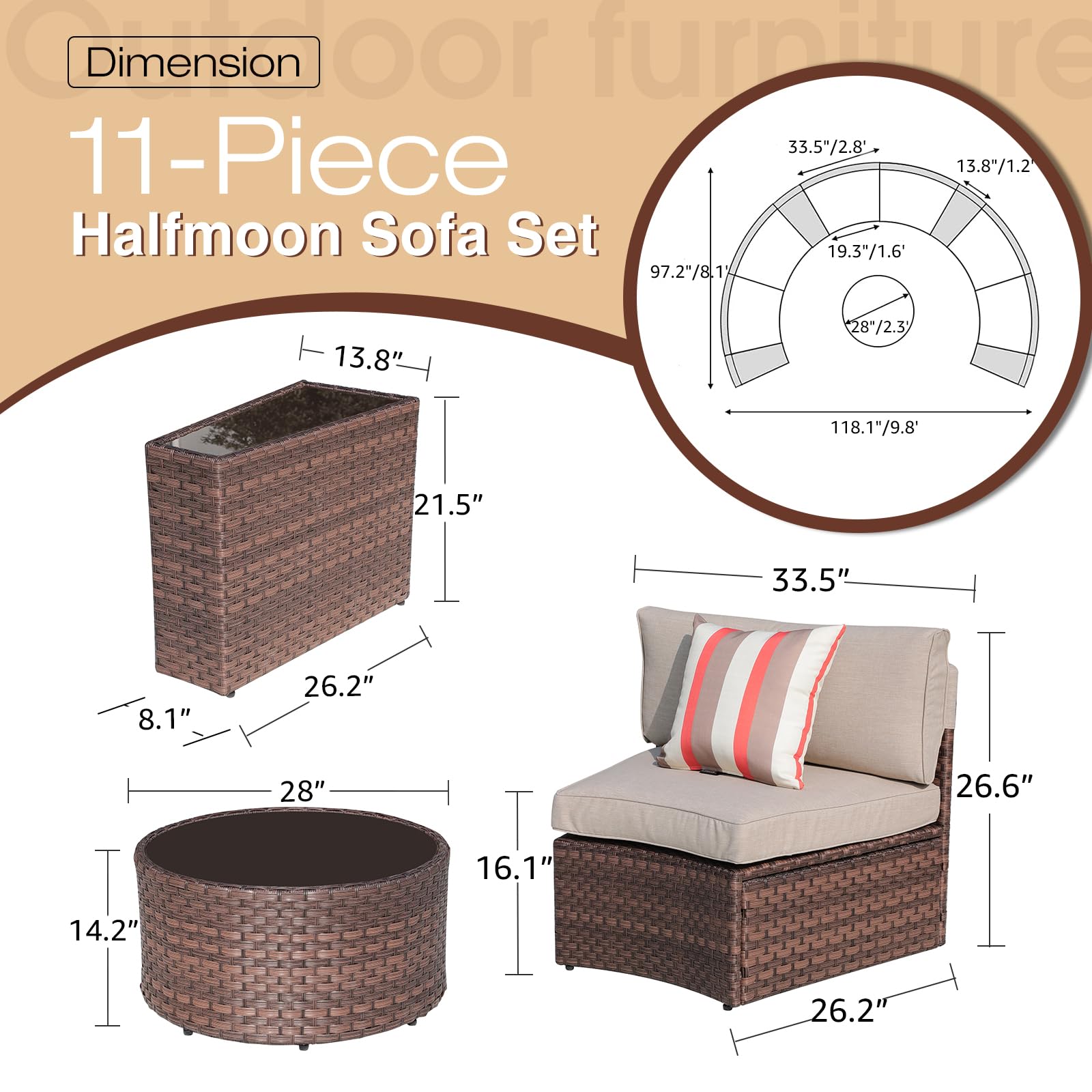 11-Piece Half Moon Outdoor Sectional Set