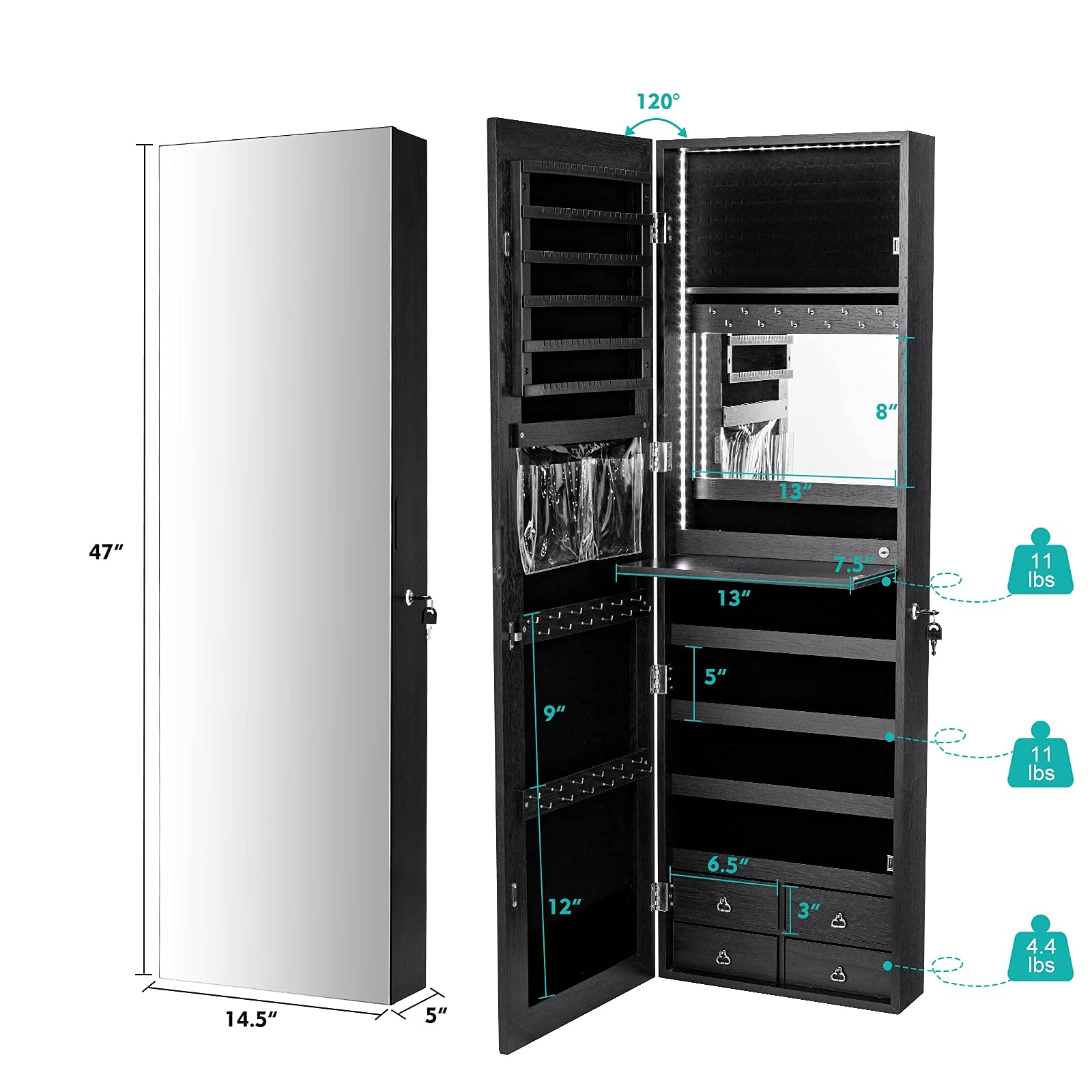 LED Strip Jewelry Armoire with Full Length Mirror