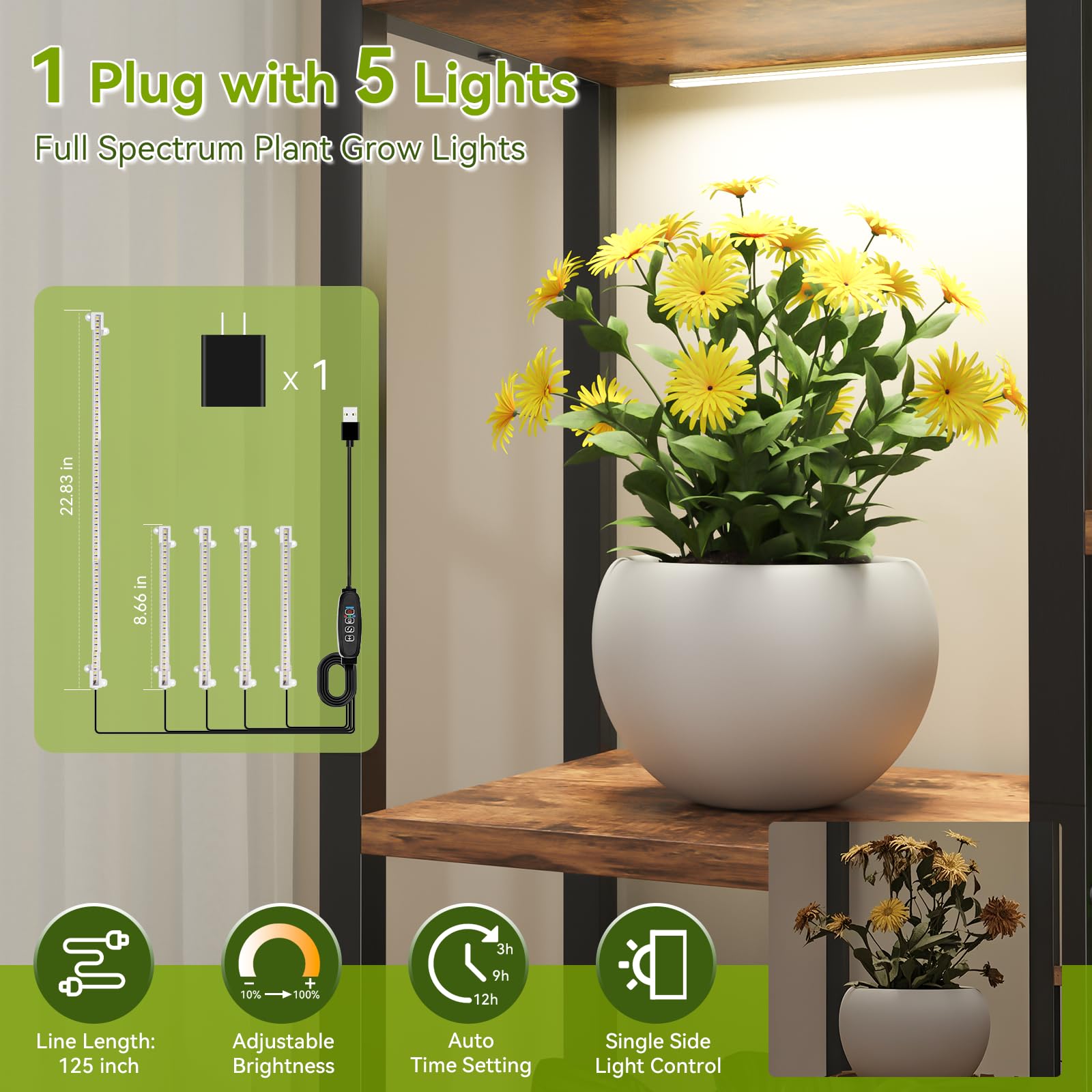 Indoor Tiered Metal Plant Stand with Grow Lights and Hooks