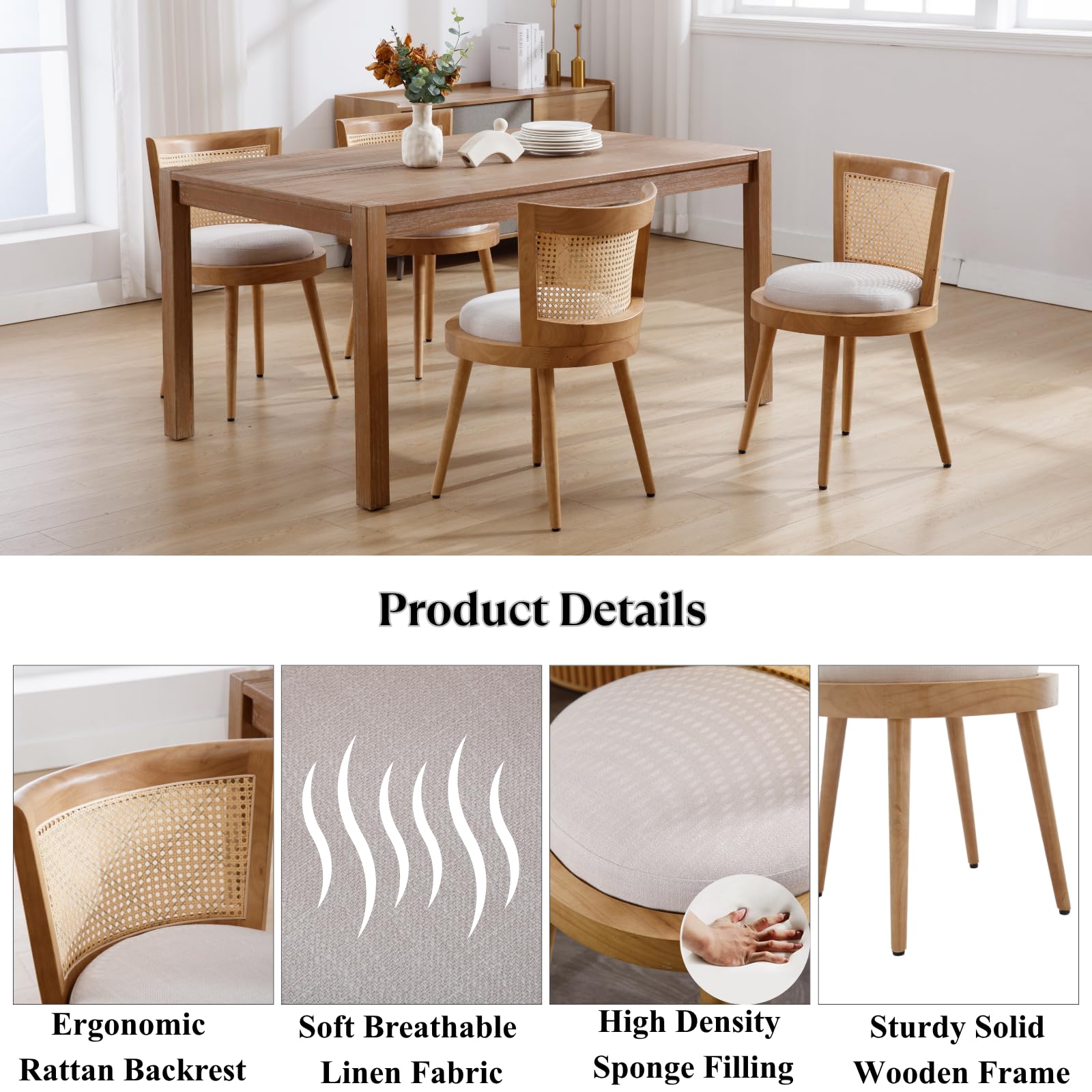 Wooden Dining Chairs Set of 4 with Linen Upholstery and Rattan Back