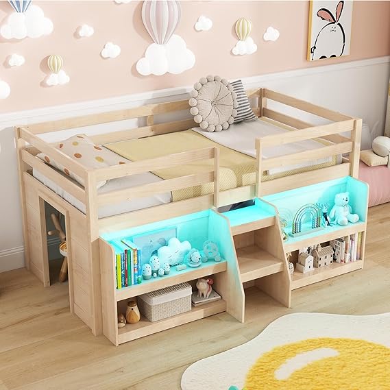 Low Loft Bed with LED Light and Bookcases