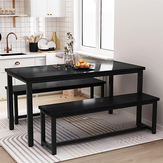 Dining Table Set with 2 Benches Black