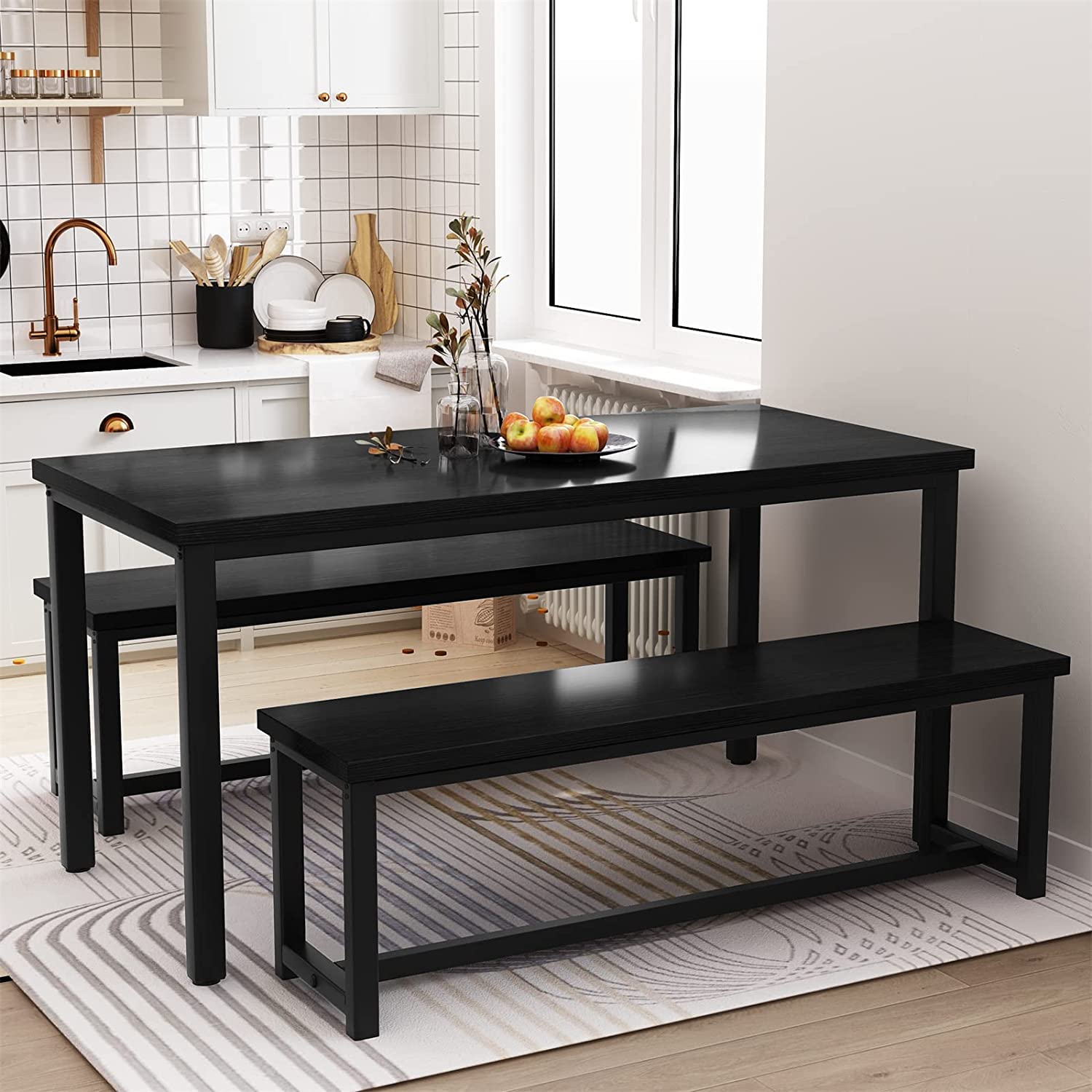 Dining Table Set with 2 Benches Black