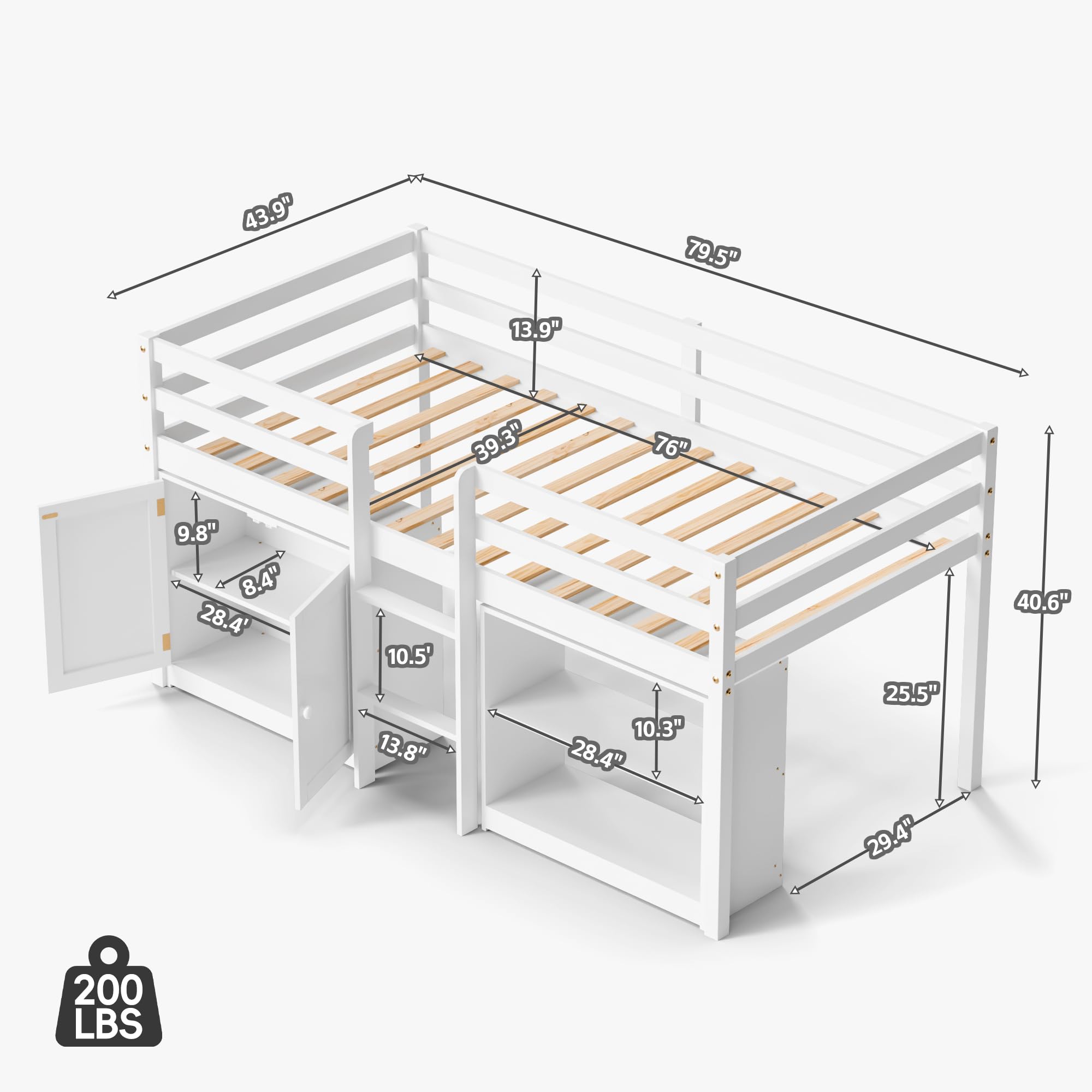 Twin Loft Bed with Lights and Storage Bookcase