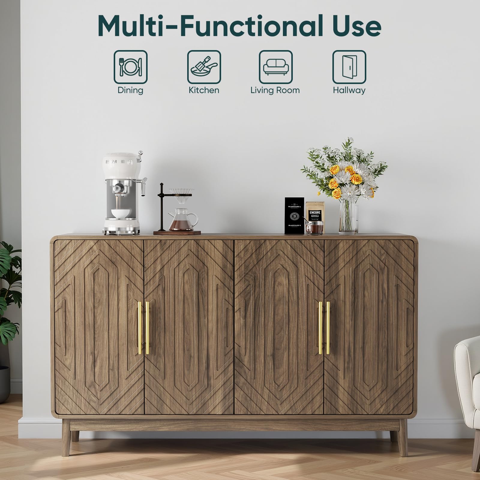 Walnut 4-Door Sideboard Buffet Cabinet with Adjustable Shelves