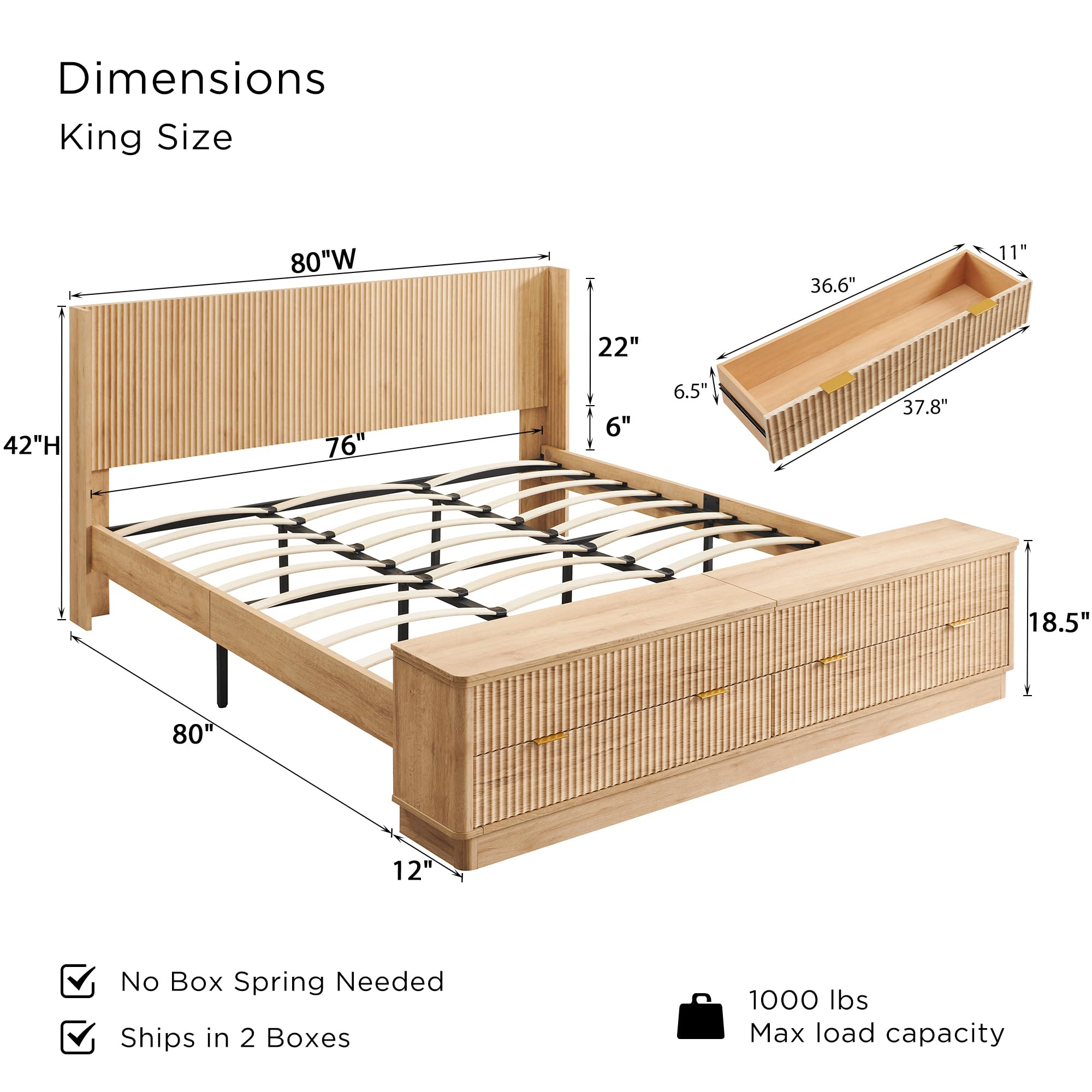 Fluted King Size Bed Frame with Wingback Headboard and Storage Bench