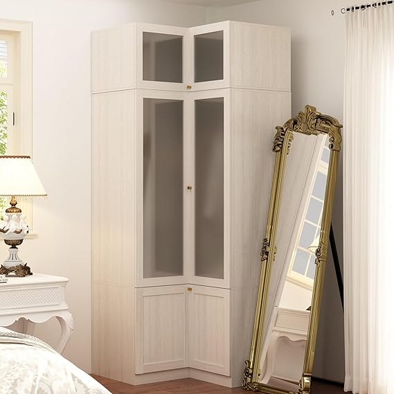 Corner Wardrobe Cabinet with Frosted Glass Doors