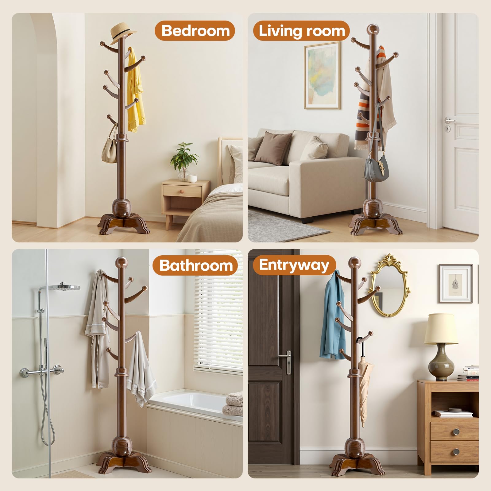 Freestanding Wooden Hall Tree with 7 Hooks