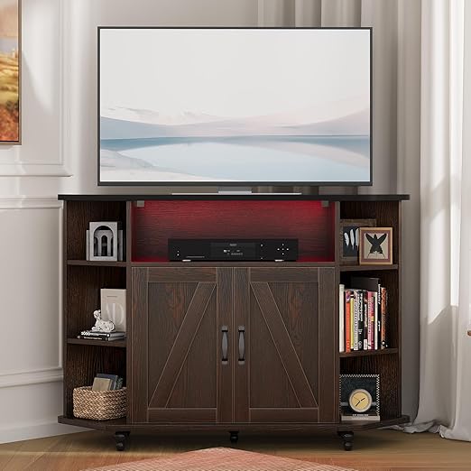 Corner TV Stand with LED Lights and Adjustable Shelves