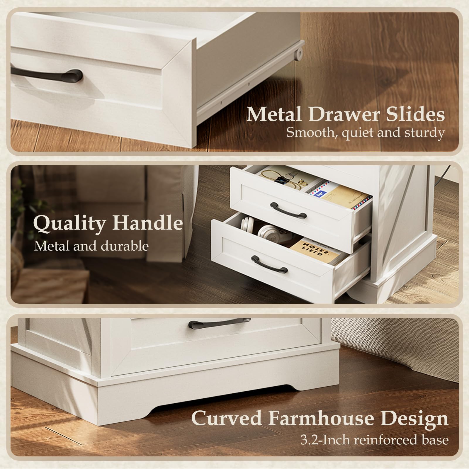Farmhouse Nightstand with Charging Station and 3 Drawers