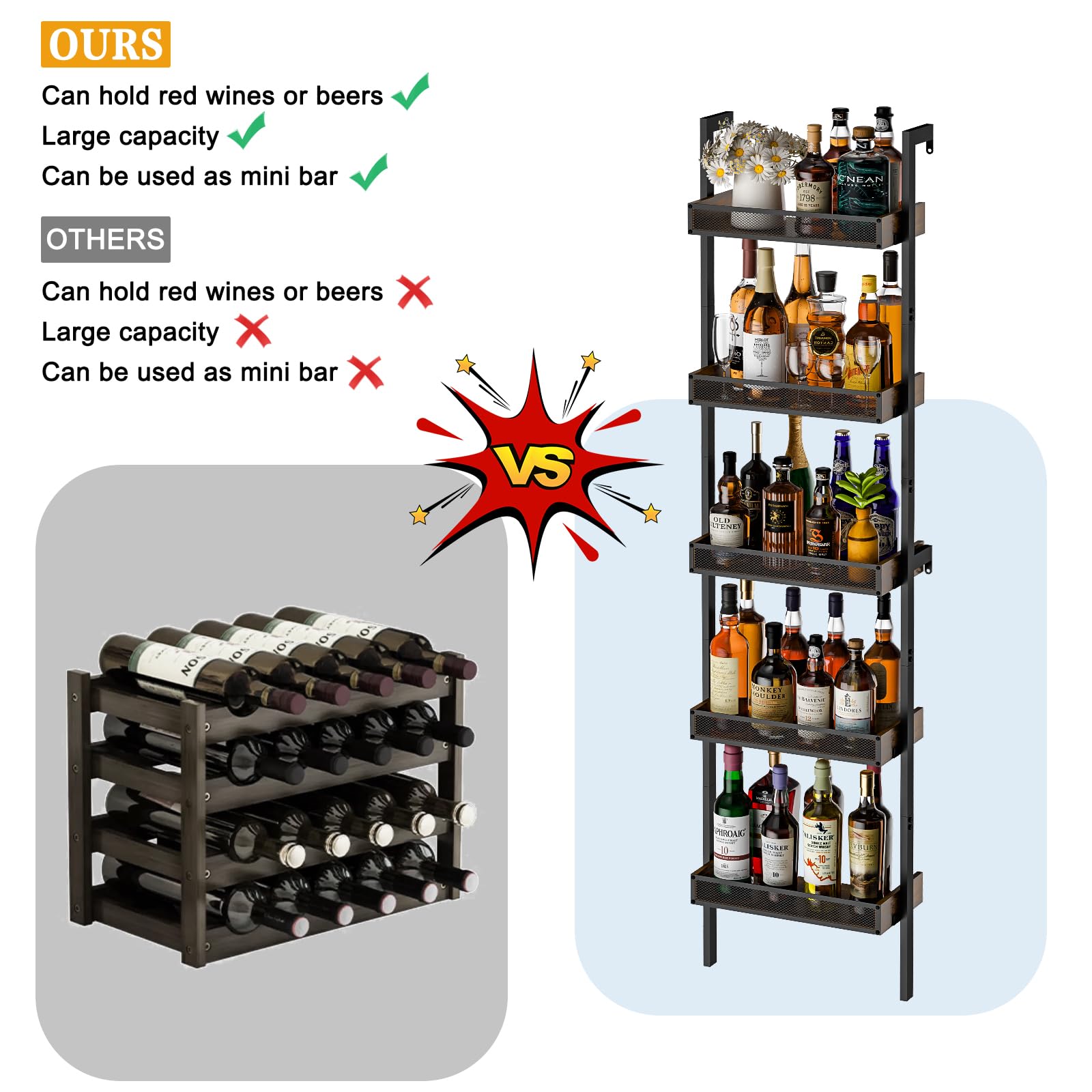 5-Tier Wall Mounted Wine Rack - 50 Bottles