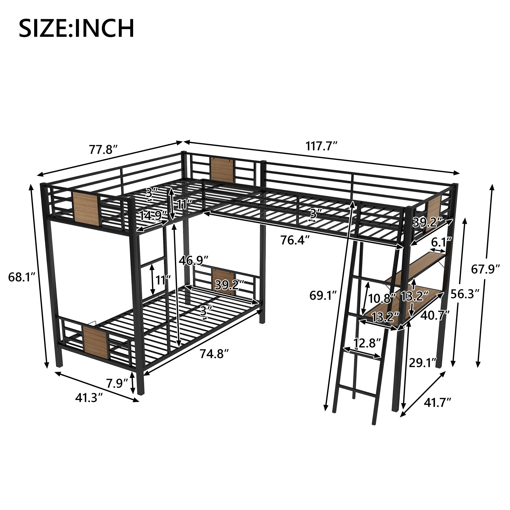 L-Shaped Twin Over Twin Bunk Bed with Loft Desk and Shelf