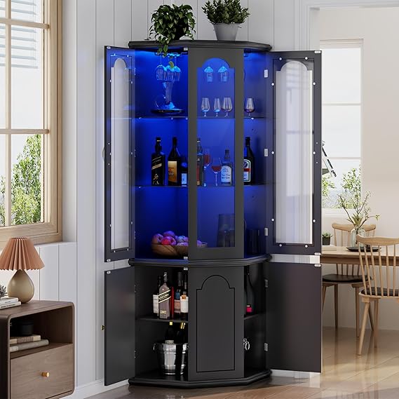 Corner Bar Cabinet with LED Lights and Tempered Glass Door