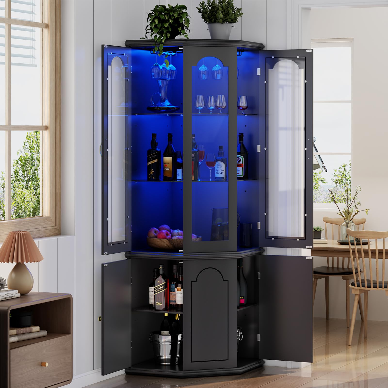 Corner Bar Cabinet with LED Lights and Tempered Glass Door