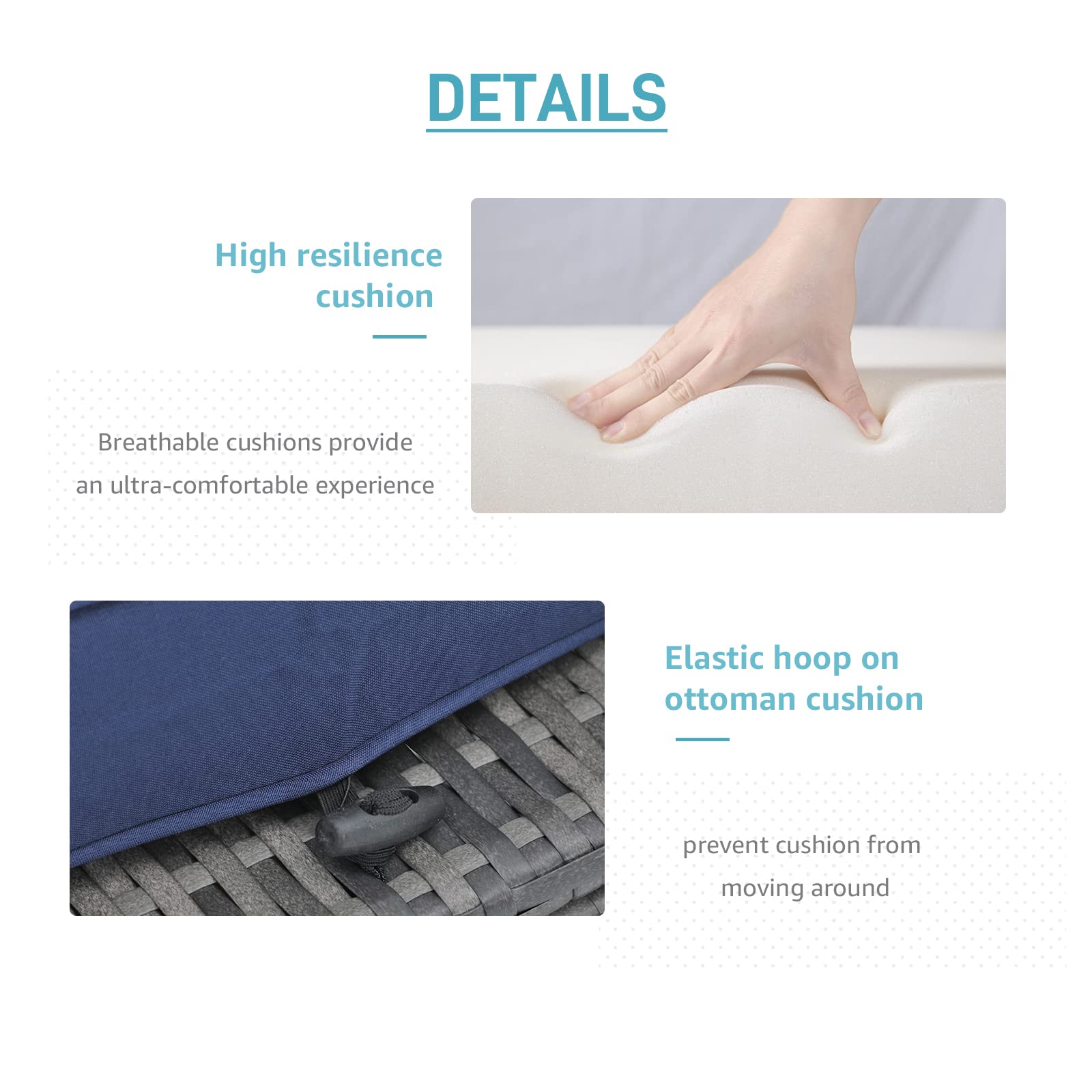 2-Piece Outdoor Patio Ottoman Set with Navy Blue Cushions