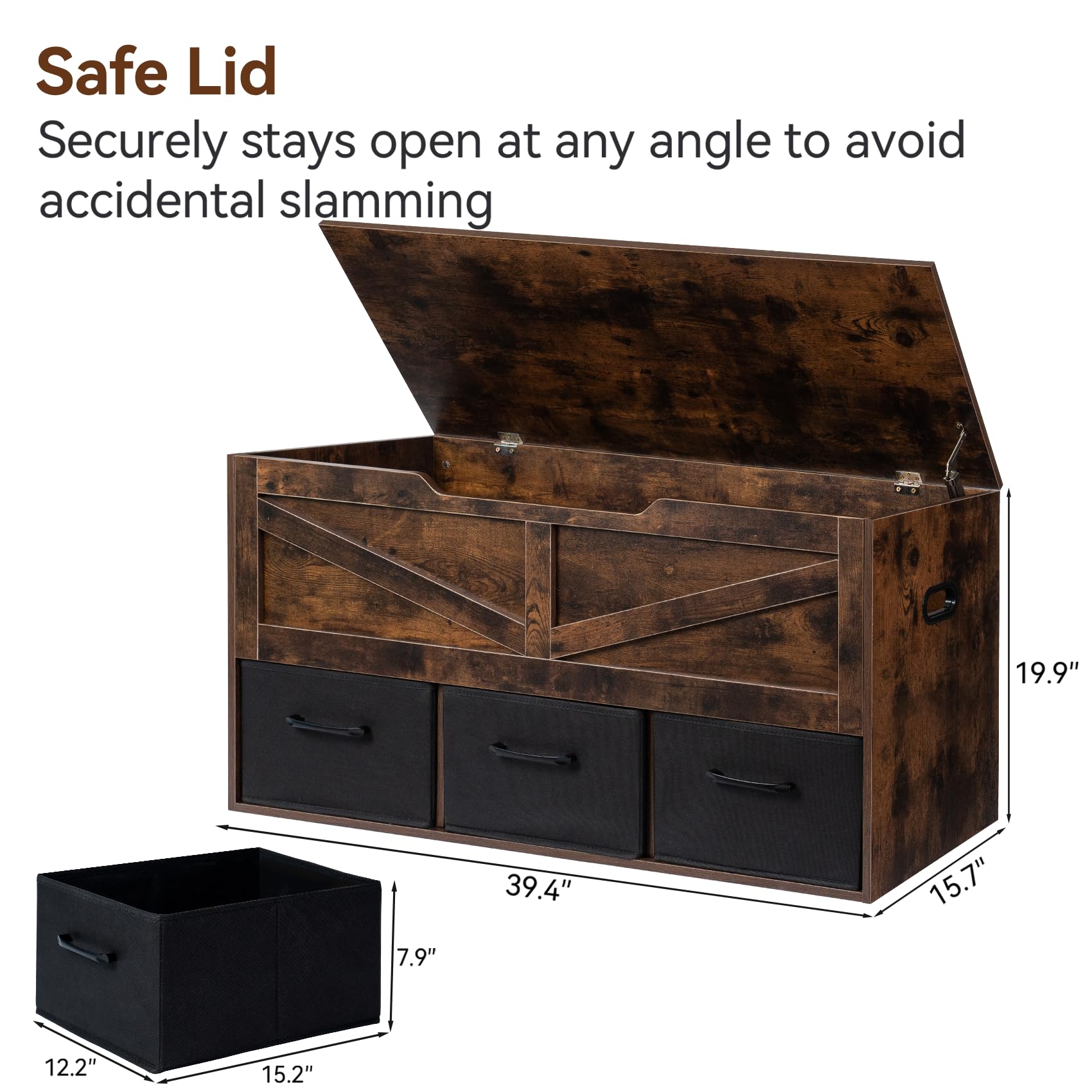 Storage Bench with 3 Drawers and Safety Hinges